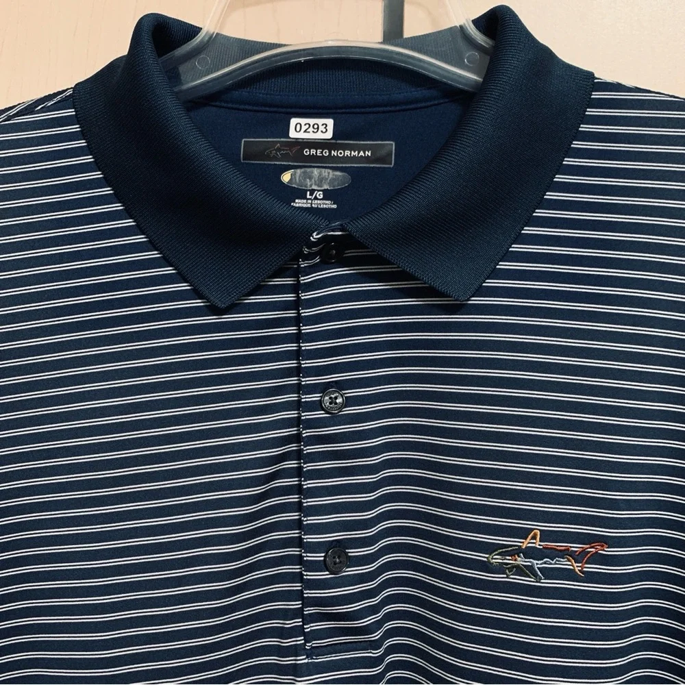 Greg Norman Golf Polo Shirt Men's Short Sleeve‎ Striped Navy White Size L